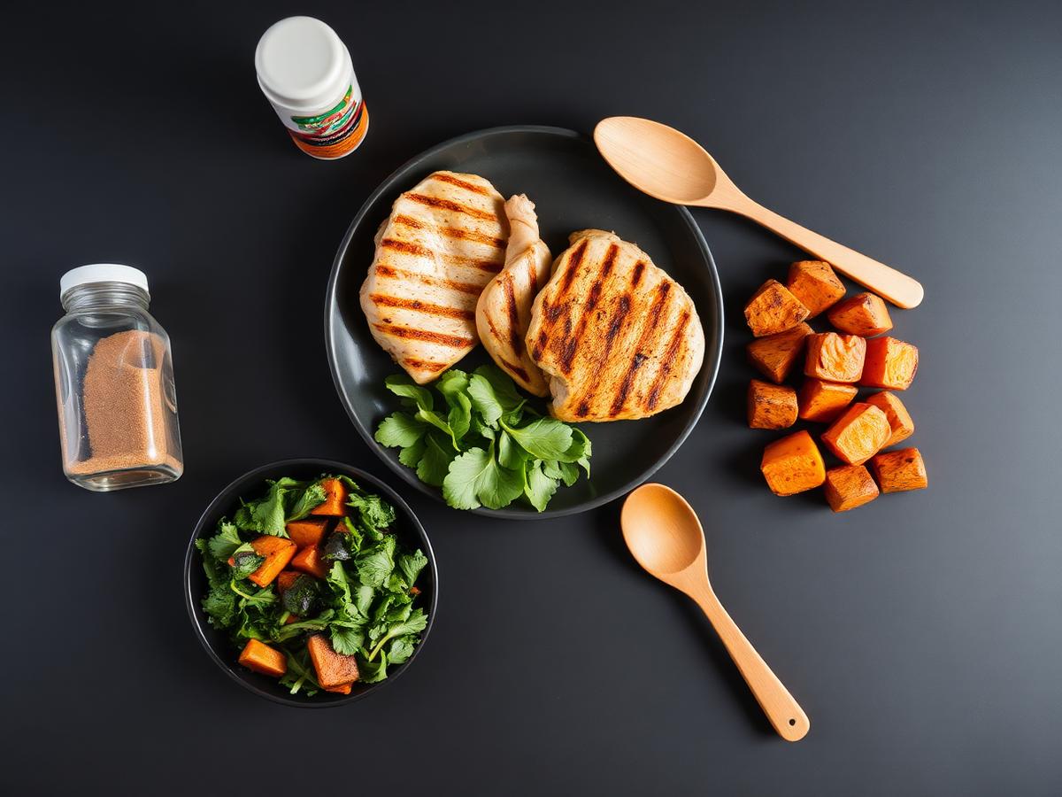 Grilled chicken, roasted sweet potatoes and greens on a matte black surface